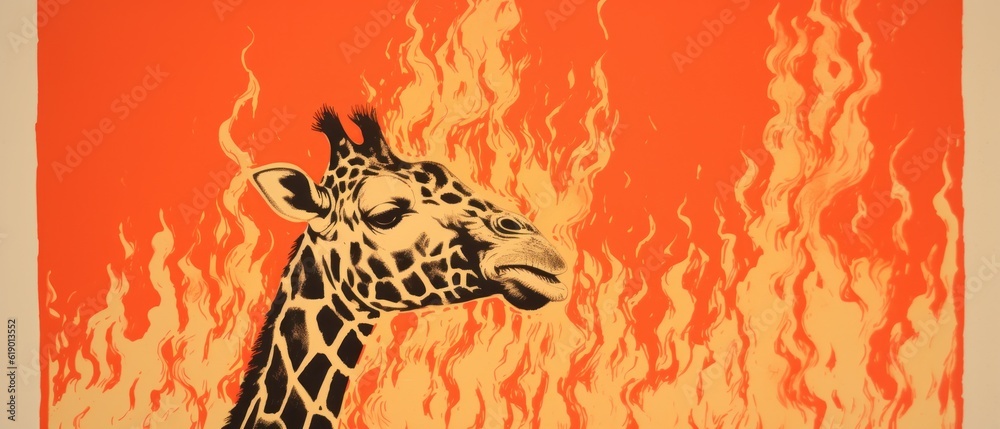 Giraffe on fire in retro style. Generative AI