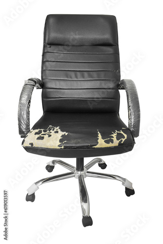 Black office chair old damage leather ,  isolated on transparent background , png