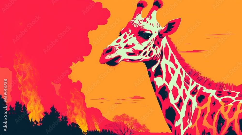 Fototapeta premium Giraffe on fire in retro style. Generative AI