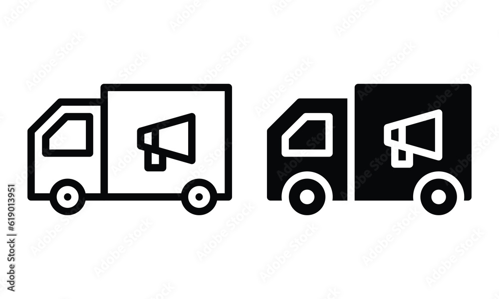 Advertisement on truck icon with outline and glyph style.