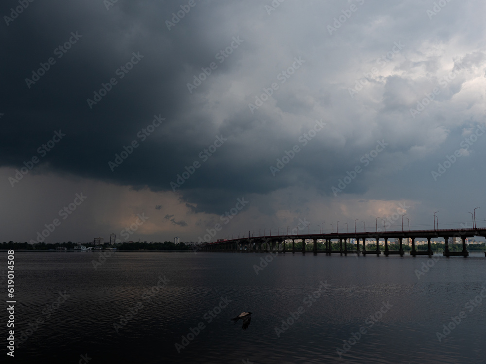 A bridge across a river with dark clouds and a bird in the foreground.
