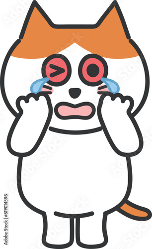 Crying orange tabby cat having bloodshot eyes, vector illustration.
