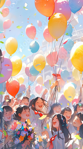 Wallpaper Mural Many students holding balloons and bouquet are celebrating graduation or successfulness under the blue sky. Created with Generative AI technology.  Torontodigital.ca