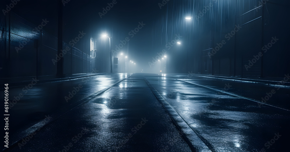 Midnight road or alley. Wet, hazy asphalt road with metal fences. crime, midnight activity concept.