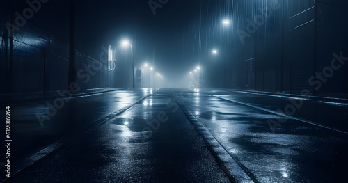 Midnight road or alley. Wet  hazy asphalt road with metal fences. crime  midnight activity concept.