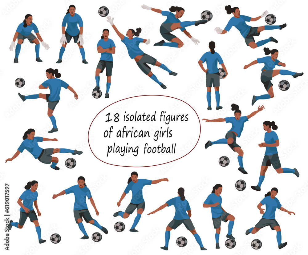Vector figures of black women's football girl players and goalkeepers in blue T-shirts in various poses on a white background