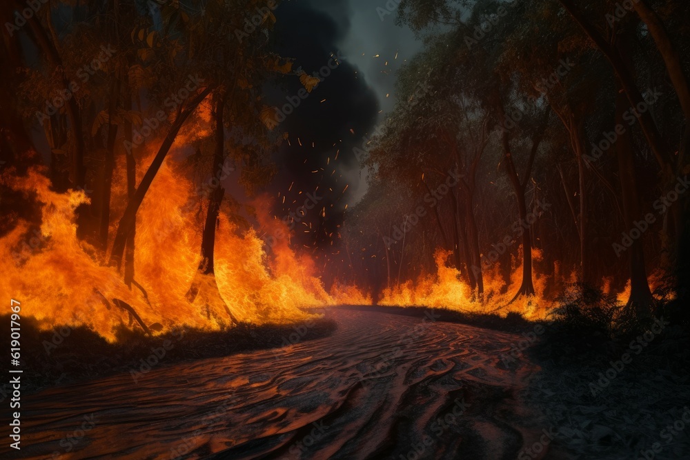 Blazing flames road near river. Generate Ai