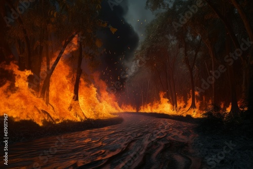 Blazing flames road near river. Generate Ai