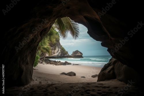 Tropical beach cave view. Generate Ai