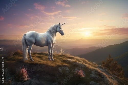 Unicorn hill sunset. Generate Ai