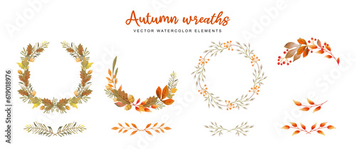 Fall watercolor wreaths of leaves, acorns, brunch and berries. Vector autumn frame for greeting cards, wedding invitations, quotes and decorations