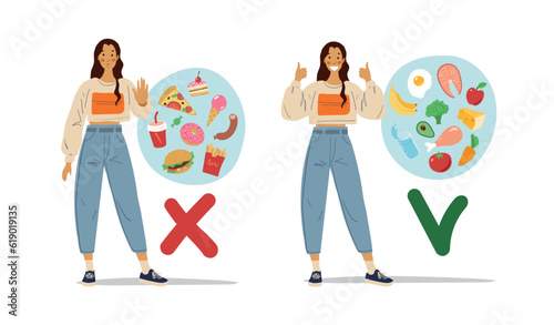 Modern Teen Girl chooses a healthy diet. A woman shows a stop sign for harmful unhealthy trash food. Healthy lifestyle advice banner. Flat cartoon vector illustration.