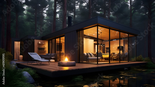 Modern luxury villa exterior in minimal style for luxury glamping. Glass cottage in the woods at night. Modern cabin house in deep forest.