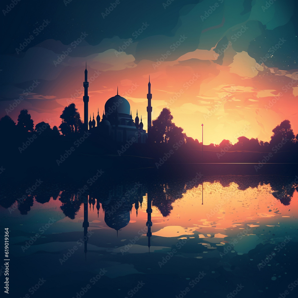 silhouette of mosque at sunset created using Generative AI