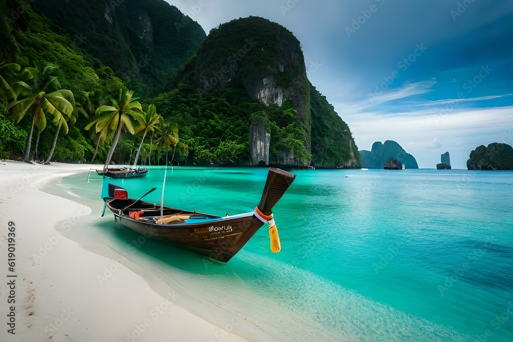 Obraz premium boat on the beach ane sea and mountains gernated ai