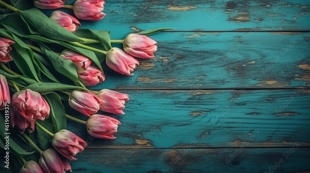 tulips on wooden background created using Generative AI