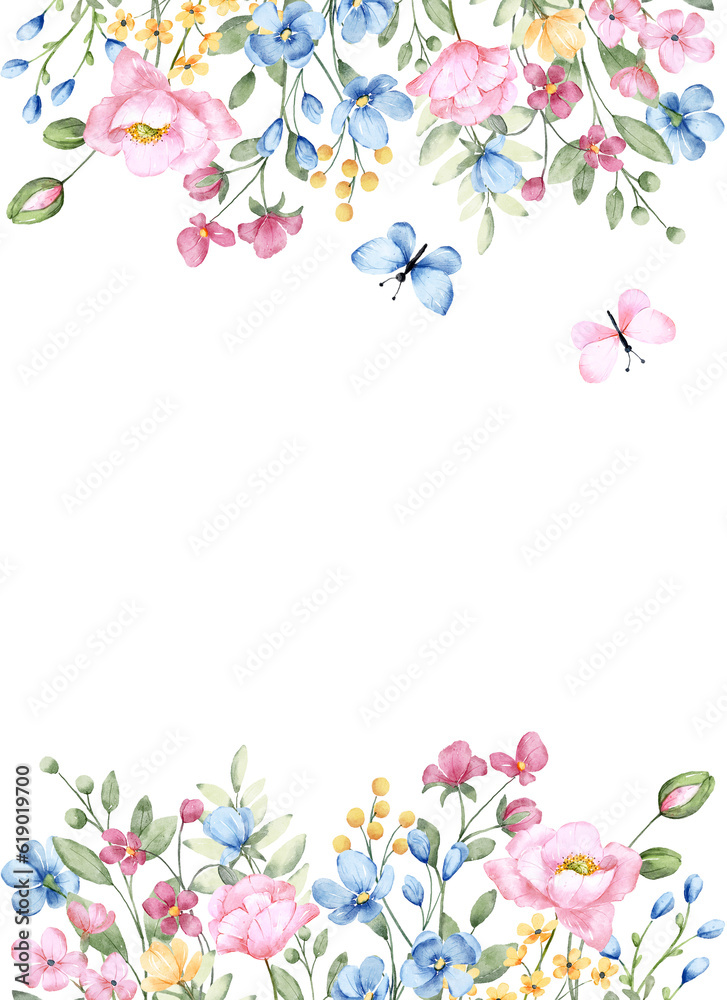Floral frame border for greeting card, invitation and other printing design. Isolated on white. Hand drawing.