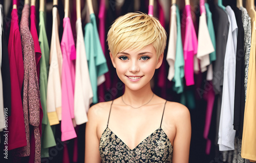 Beautiful young woman looking at camera and smiling while standing in wardrobe. Blonde shopping in mall. Generative ai