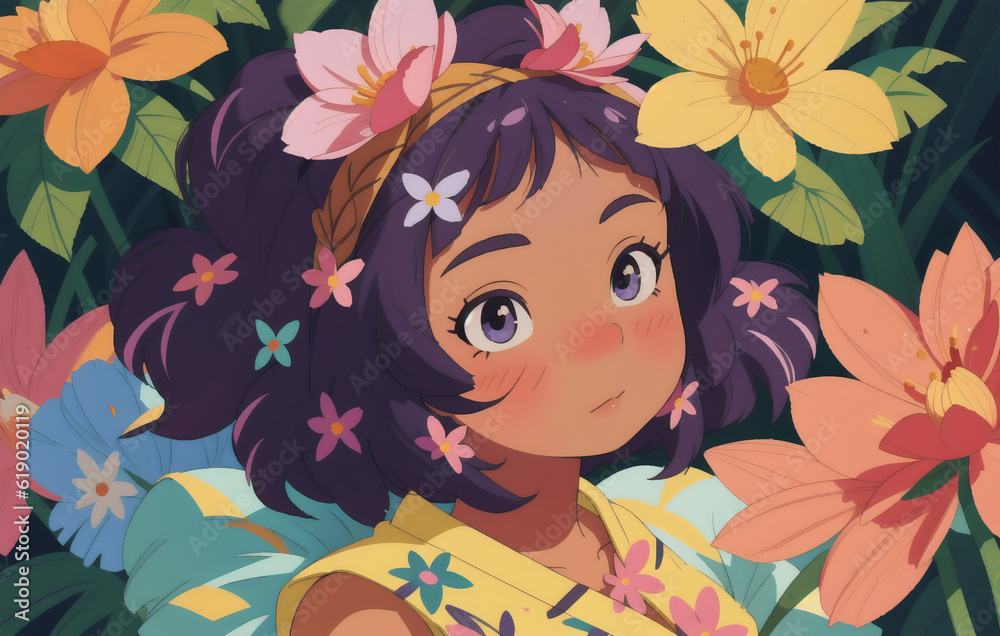 Portrait beautiful African-American girl with flowers on her head. Woman with flower arrangement on head. Generative AI. Portrait beautiful African-American girl with flowers on her head. Woman with flower arrangement on head. Generative AI.