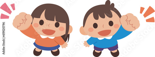 こぶしをあげている女の子と男の子が見上げているデフォルメイラスト