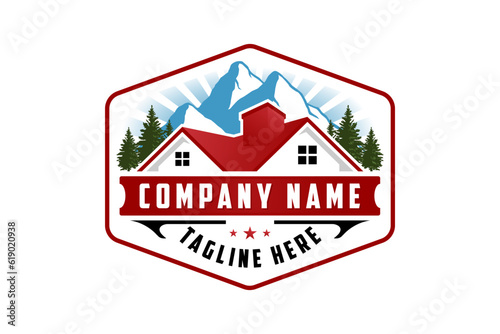 Roof and home logo with mountain vector design concept fit for real estate logo, exterior, property, roofing construction company 