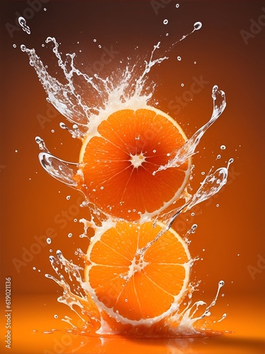 An orange splashing in water, portrait made with Generative AI.