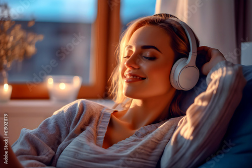 Relaxed and smiling young woman listening to podcast with earphones. AI Generative.