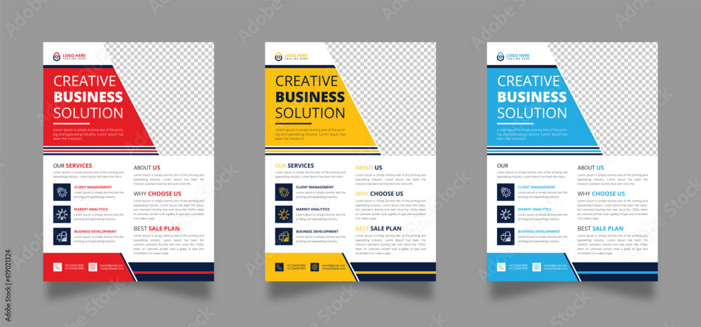 flyer set for digital marketing. Blue, orange, red, and yellow colors are used in the design of a corporate business flyer template. marketing, a business plan, advertising, publicity, and a cover 