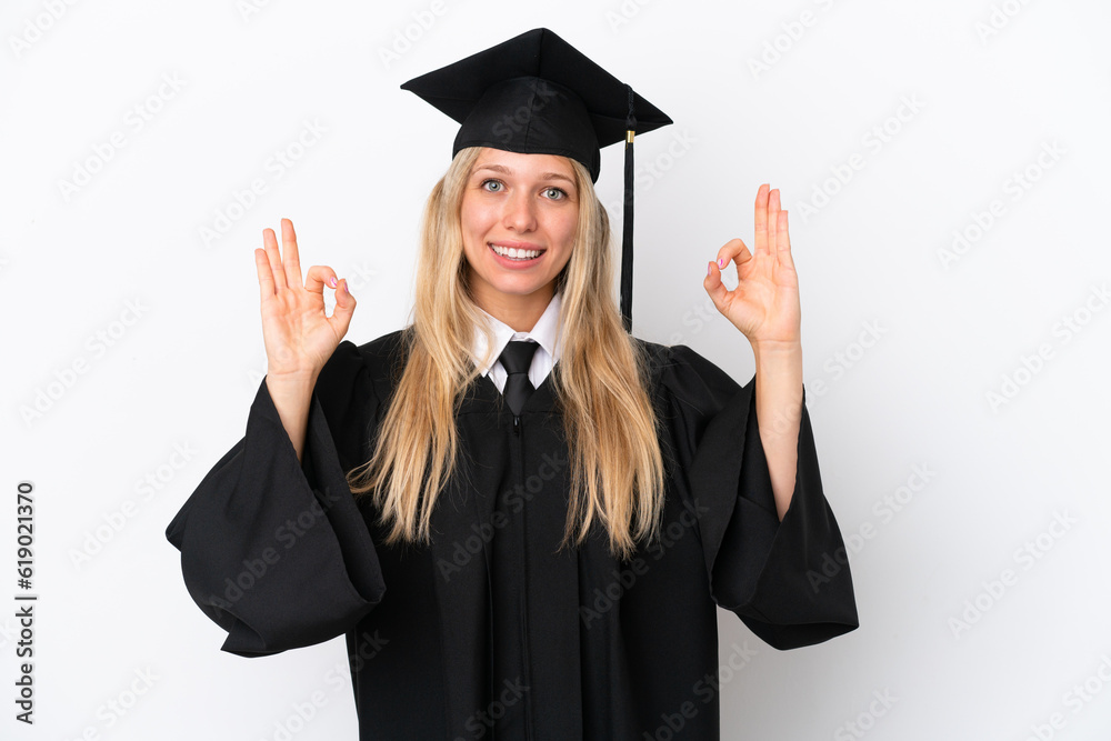 Young university graduate caucasian woman isolated on white background showing an ok sign with fingers Young university graduate caucasian woman isolated on white background showing an ok sign with fingers