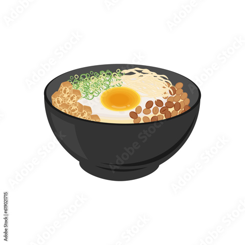 Vector Illustration Logo of Chicken Porridge or Bubur Ayam with Shredded Chicken Egg Yolk and Fried Cahkwe