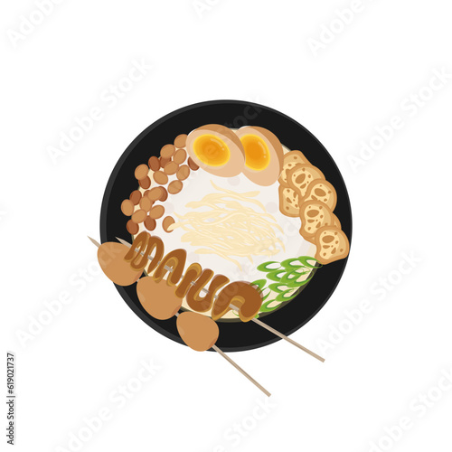 Chicken Porridge Or Bubur Ayam Vector Illustration Logo with Quail Egg Satay