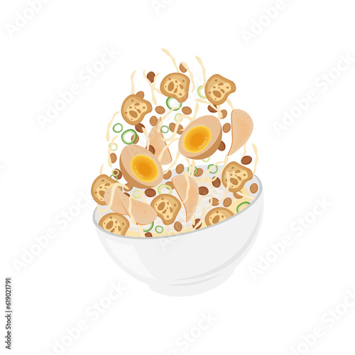 Bubur Ayam Or Chicken Porridge Vector Illustration Logo With Egg And Crackers