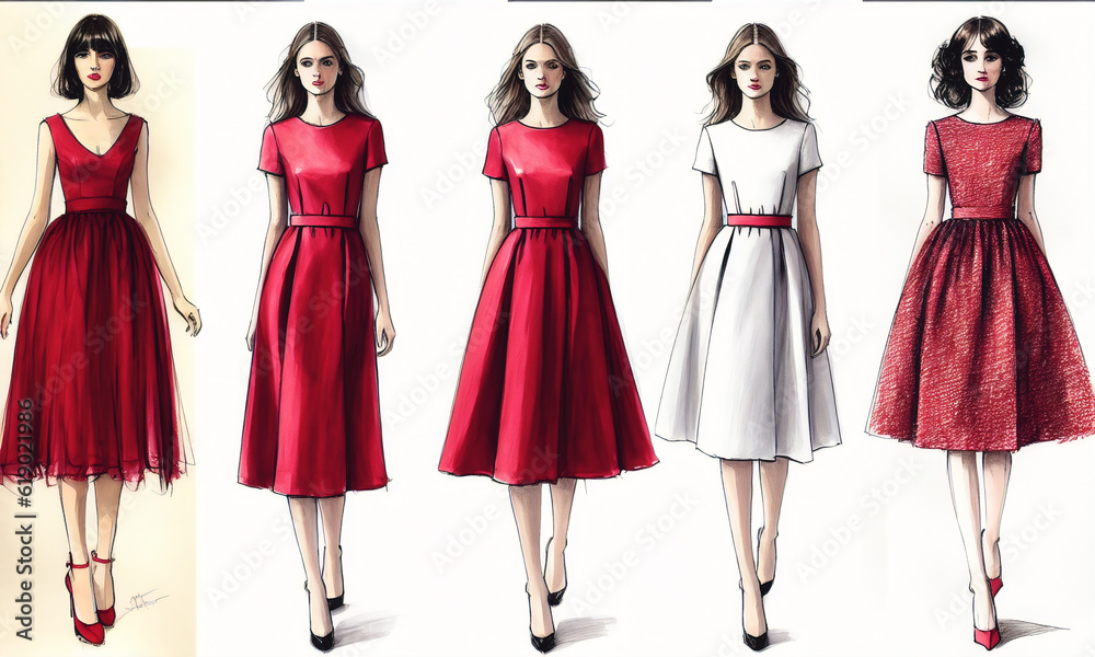 fashion art sketch of a beautiful young woman in red dress. Generative AI. fashion art sketch of a beautiful young woman in red dress. Generative AI.