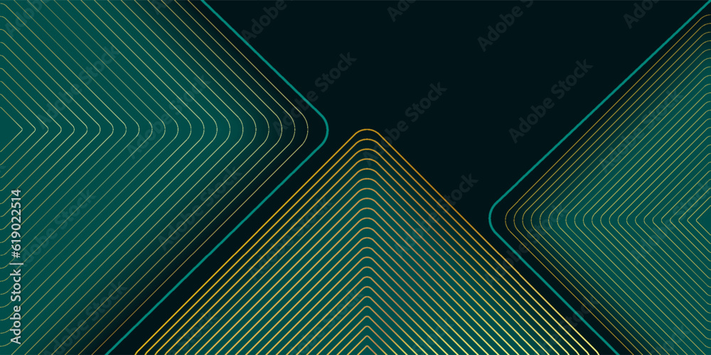 Dark green abstract background with gold lines and shadow. Geometric ...