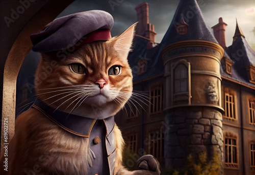 Cat butler, majordomo cat portrait, on the background of an ancient castle. AI generated.