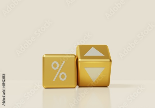 3D rendering gold cubes with percentage icon, up and down symbols on off white background. Concept for increased or decreased interest rates.