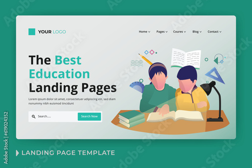 Online education flat vector landing page template and people working on computers and reading books and sitting on a pile of books. Flat vector illustration websites landing page design