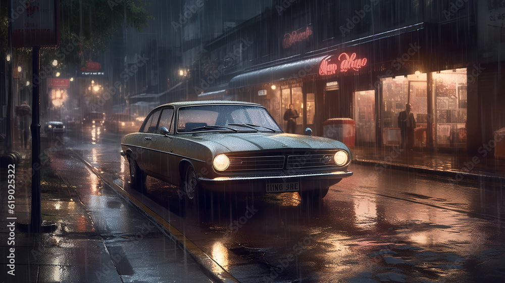 Experience the captivating allure of the night city as a car glides with grace and elegance against a backdrop of a photo-realistic, wet city street