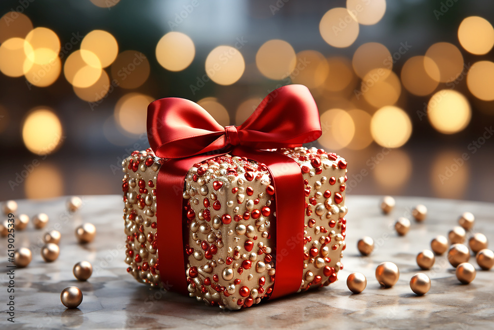 Shiny gift box with red bow on the background of bokeh effect. Generative AI Shiny gift box with red bow on the background of bokeh effect. Generative AI