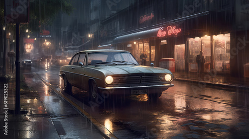 Experience the captivating allure of the night city as a car glides with grace and elegance against a backdrop of a photo-realistic  wet city street