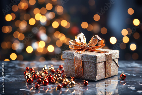 Shiny gift box with golden bow on the background of bokeh effect. Generative AI