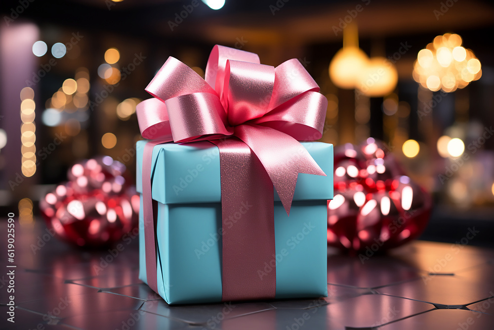 Mint gift boxes with pink bows on the background of bokeh effect. Generative AI Mint gift boxes with pink bows on the background of bokeh effect. Generative AI