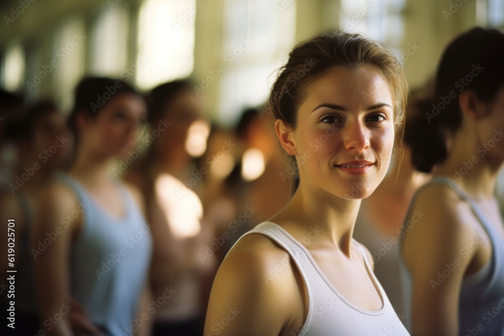 Portrait of young woman in a dance class with light streaming in from the window, healthy lifestyle diversity concept. 