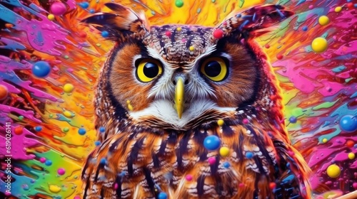 owl  form and spirit through an abstract lens. dynamic and expressive owl print by using bold brushstrokes, splatters, and drips of paint. owl raw power and untamed energy photo