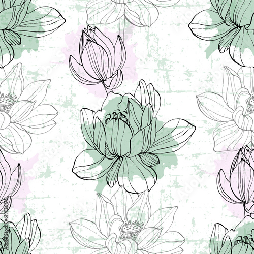 Water lily seamless pattern with a contemporary Asian twist. Featuring a beautiful blossom flower illustration on an art deco-inspired background. Enhanced by elegant  art, this vector floral design.