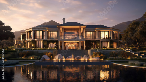 Luxury mansion estate which is a residential house building with a swimming pool in front of the home showing opulent wealth, computer Generative AI stock illustration image © Tony Baggett