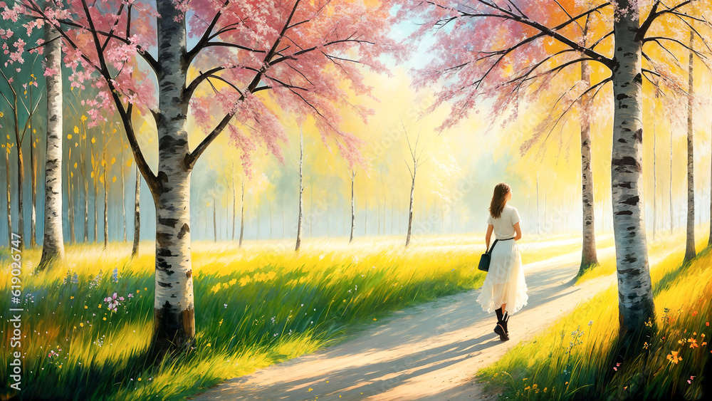 Woman in the summer forest.Bright dress, butterflies.Long white summer dress.Digital creative designer art drawing.AI illustration