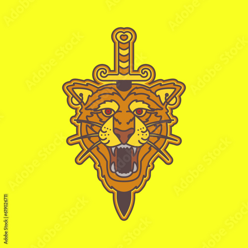 tiger beast wildlife head sword mascot modern colorful art logo vector icon illustration