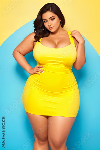 Beauty curve plus size woman in a yellow mini dress on a blue background.Digital creative designer fashion art.AI illustration