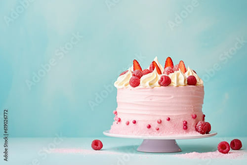Whole raspberry and strawberry cream cake on cake stand